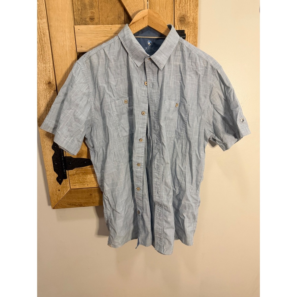 Kuhl Mens Short Sleeve Button Down Shirt Light Blue Textured Hiking Large